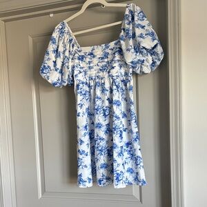 White Mini Dress with Blue Floral Print and Puff Sleeves